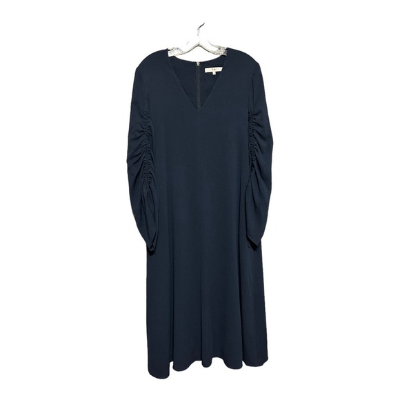 Tibi Ruched Convertible Bell Sleeve Cinched Stretch Crepe Midi Dress Navy Blue 8 - Picture 3 of 11